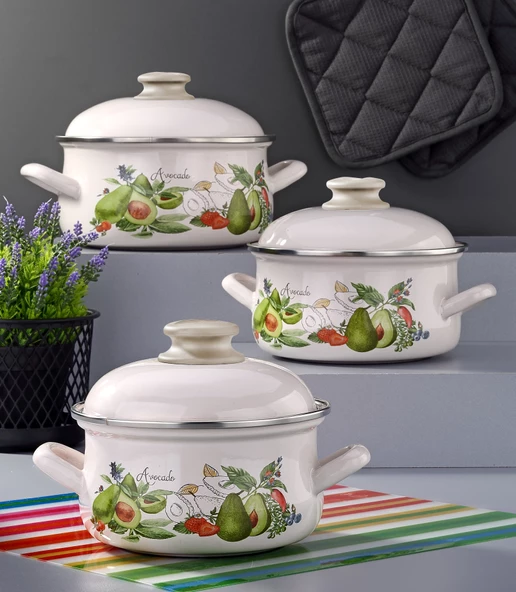 Bonera Emaye 6 Parça Emaye Kapakli Krem Set - Avokado Dekor