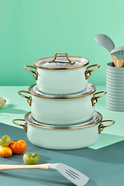 Bonera Vintage Emaye Güveç 6 Parça Tencere Seti Su Yeşili