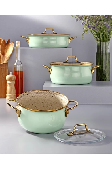 Bonera Vintage Emaye Güveç 6 Parça Tencere Seti Su Yeşili - 4