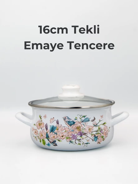 Bonera 16cm Kuş Desenli Tekli Cam Kapaklı Emaye Güveç Tencere