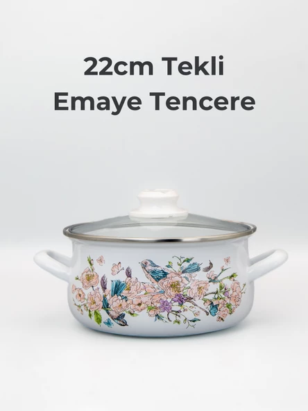 Bonera 22cm Kuş Desenli Tekli Cam Kapaklı Emaye Güveç Tencere