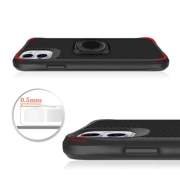 Apple iPhone 11 - Kılıf Yüzüklü Karbon Fiber Tasarımlı Timo Kapak - Resim 4