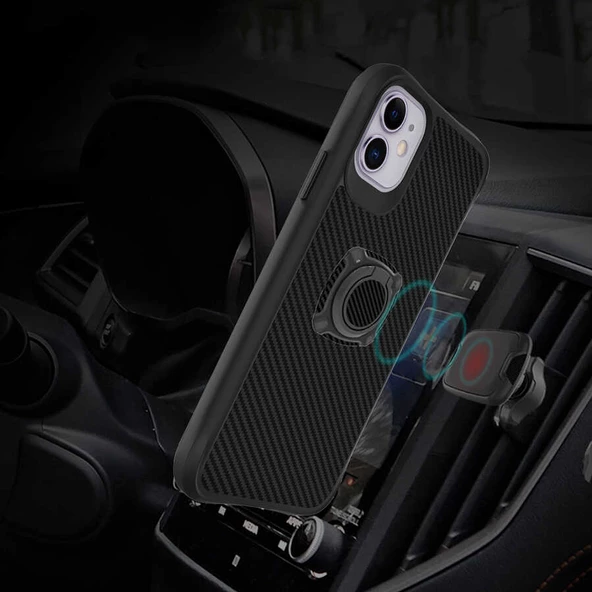Apple iPhone 11 - Kılıf Yüzüklü Karbon Fiber Tasarımlı Timo Kapak - Resim 6