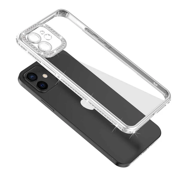 Apple iPhone 12 - Kılıf Kamera Korumalı Taşlı Mina Kapak - Resim 3