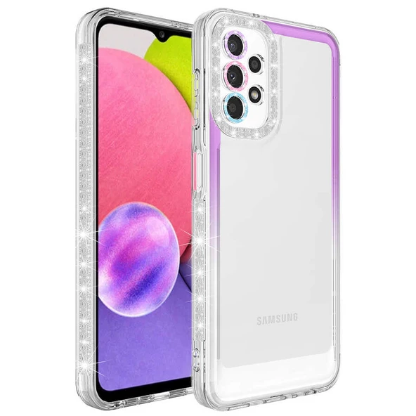 Samsung Galaxy A23 - Kılıf Simli ve Renk Geçiş Tasarımlı Lens Korumalı Park Kapak