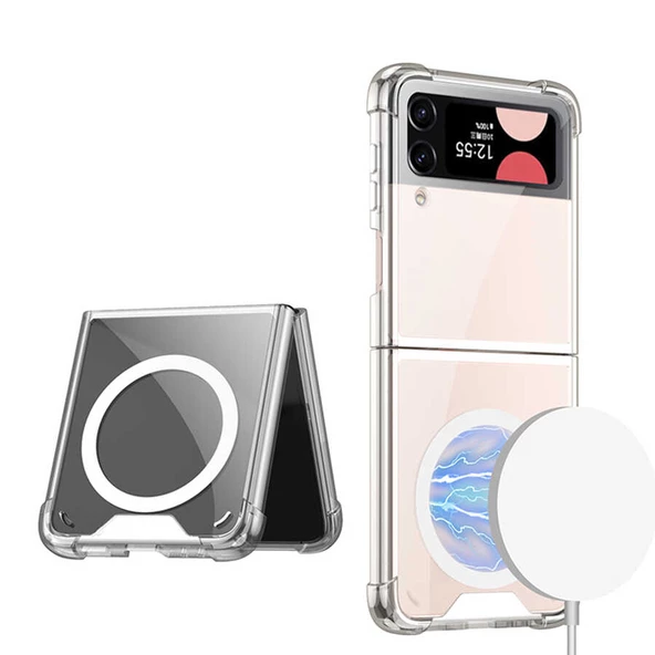 Samsung Galaxy Z Flip 4 - Kılıf Wireless Şarj Özellikli Airbagli Kıpta Anti Shock Magsafe Kapak