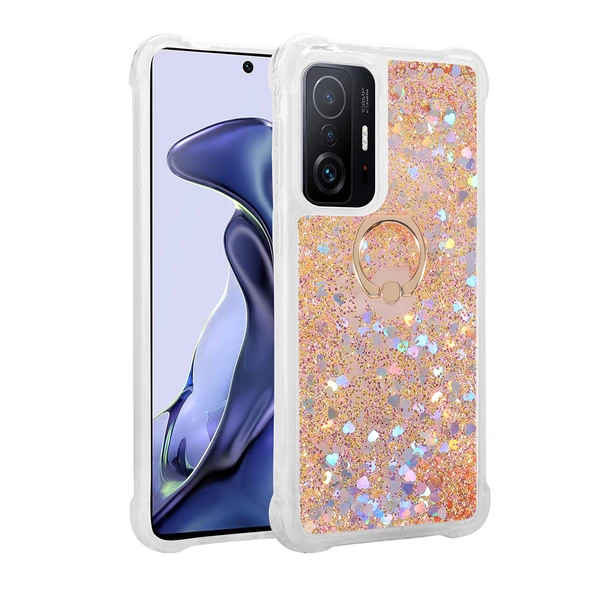 Xiaomi Mi 11T 5G - Kılıf Yüzüklü Simli Sıvılı Milce Kapak