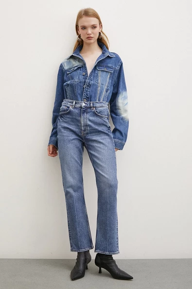 Yüksek Bel Boru Paça Jean Mavi - Resim 4