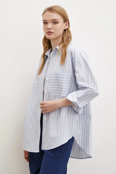 Tek Cepli Poplin Gömlek Mavi - 6