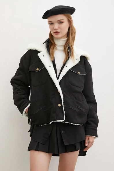 Süet İçi Peluşlu Mont Siyah - 3