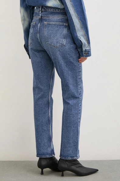 Yüksek Bel Boru Paça Jean Mavi - Resim 6