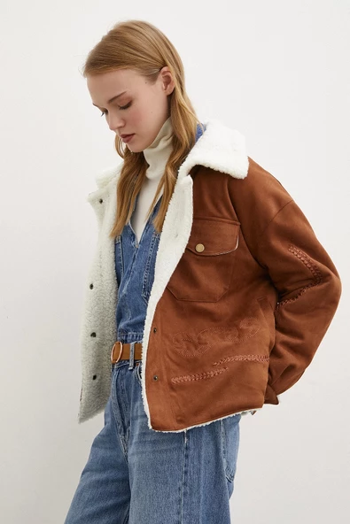 Süet İçi Peluşlu Mont Kahve - 4