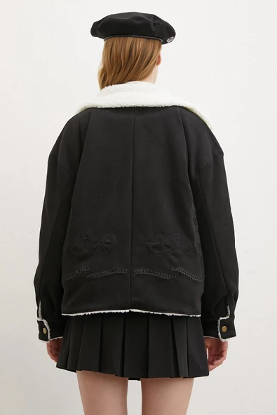 Süet İçi Peluşlu Mont Siyah - 6