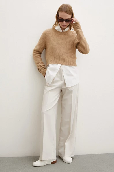 Geniş Paça Pantolon Krem - Resim 4