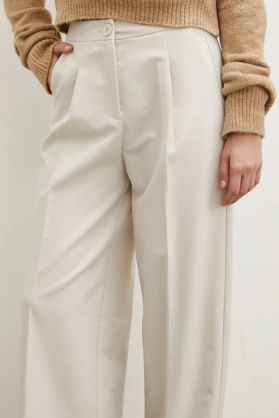 Geniş Paça Pantolon Krem - Resim 5