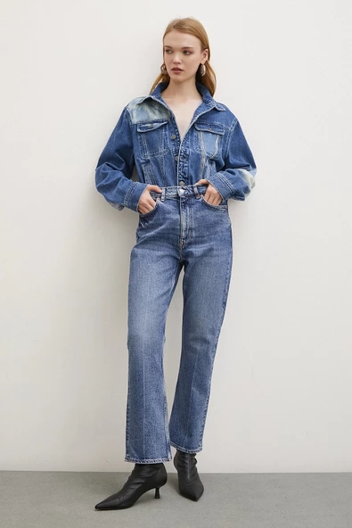 Yüksek Bel Boru Paça Jean Mavi - Resim 3