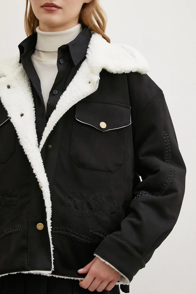 Süet İçi Peluşlu Mont Siyah - 5