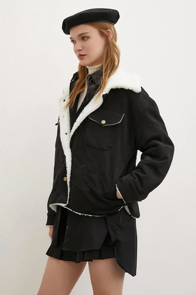 Süet İçi Peluşlu Mont Siyah - 4