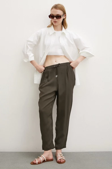 Beli Lastikli Boru Paça Pantolon Haki - Resim 2