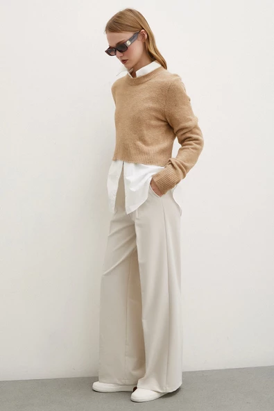 Geniş Paça Pantolon Krem - Resim 2