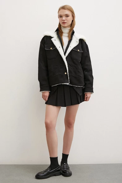 Süet İçi Peluşlu Mont Siyah - 2