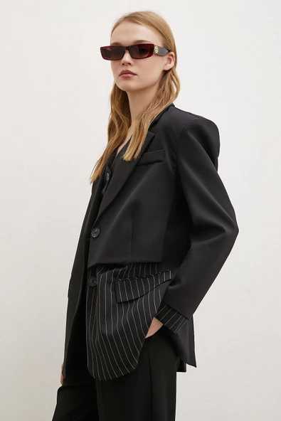 Çizgi Detaylı Çift Düğmeli Blazer Ceket Siyah - 3