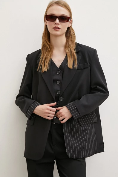 Çizgi Detaylı Çift Düğmeli Blazer Ceket Siyah