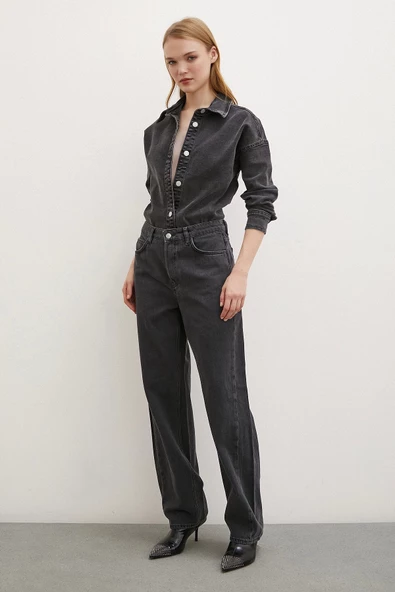 Yüksek Bel Düğme Kapamalı Mom Jean Siyah - 2