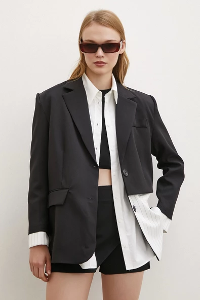 Çizgi Detaylı Çift Düğmeli Blazer Ceket Beyaz - 3