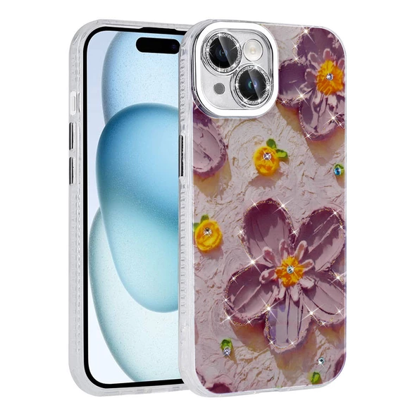 Apple iPhone 14 - Kılıf Çiçek Desenli Parlak Taşlı Sert Silikon Garden Kapak
