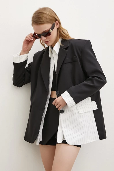 Çizgi Detaylı Çift Düğmeli Blazer Ceket Beyaz - 4
