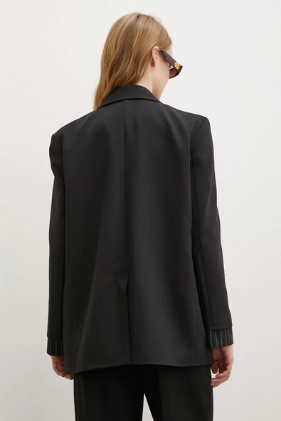 Çizgi Detaylı Çift Düğmeli Blazer Ceket Siyah - 6