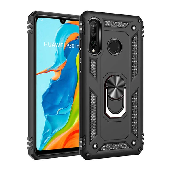 Huawei P30 Lite - Kılıf Yüzüklü Zırh Tank Vega Kapak