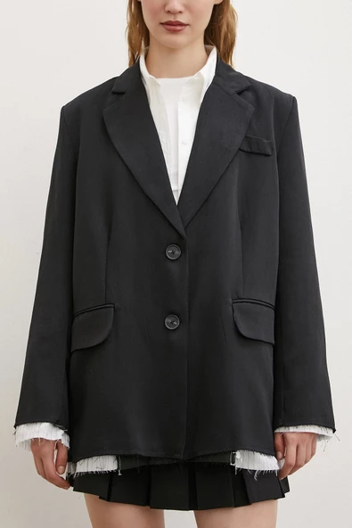 Cep Kapaklı Kesik Detaylı Blazer Ceket Siyah - 4