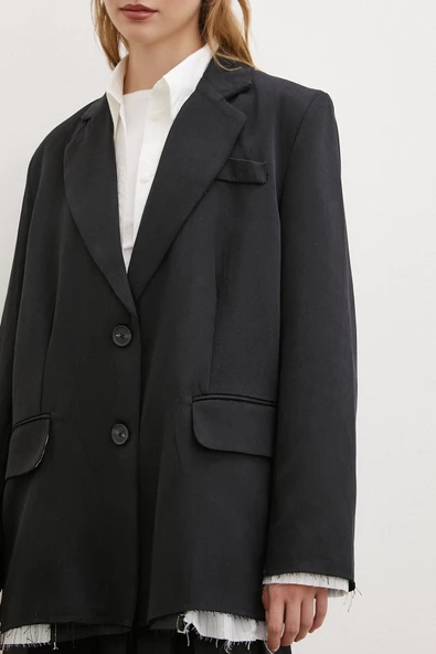 Cep Kapaklı Kesik Detaylı Blazer Ceket Siyah - 5