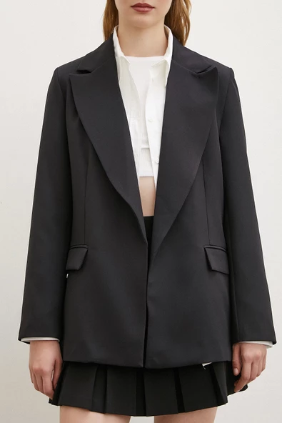 Çizgi Astarlı Cep Kapaklı Blazer Ceket Siyah - 5