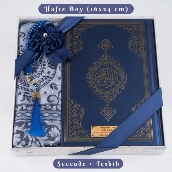 Kuran +  Seccade +  Tesbih Hediye Seti (Hafız Boy, Ekonomik Cilt, Desenli Kutu, Lacivert)