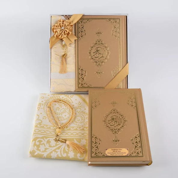 Kuran +  Seccade +  Tesbih Hediye Seti (Hafız Boy, Ekonomik Cilt, Desenli Kutu, Gold) - Resim 3