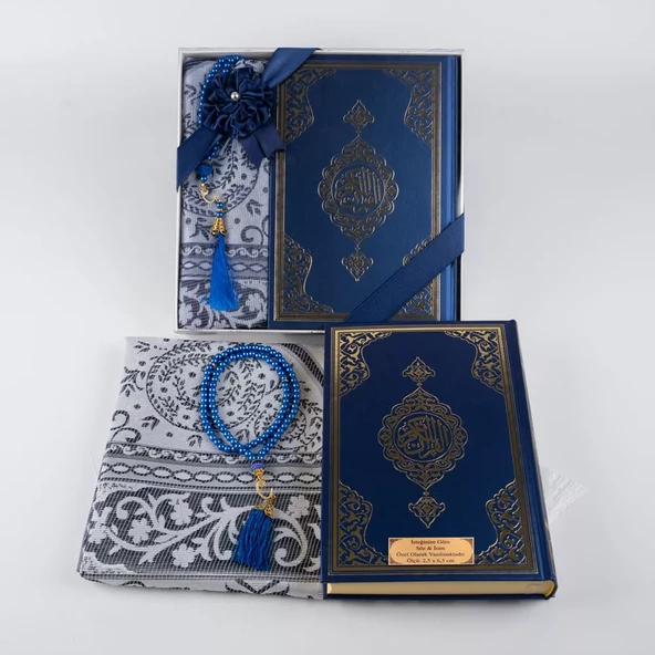 Kuran +  Seccade +  Tesbih Hediye Seti (Hafız Boy, Ekonomik Cilt, Desenli Kutu, Lacivert) - 3