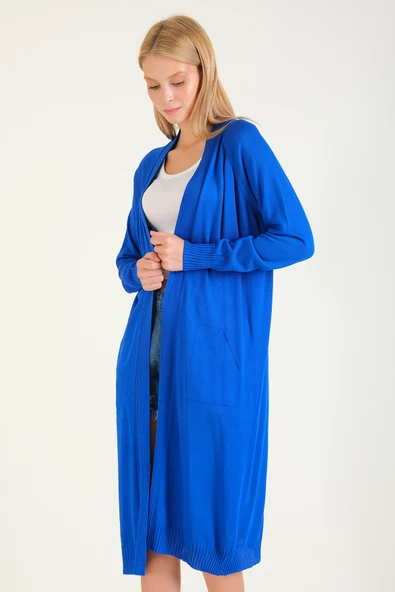 Kadın Oversize Cepli Uzun Hırka Saks Mavi - 4