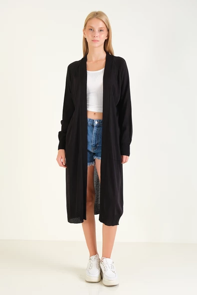 Kadın Oversize Cepli Uzun Hırka Siyah - 3