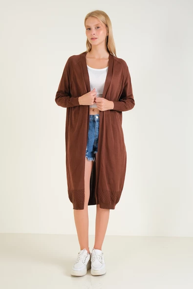 Kadın Kol Ve Etek Ucu Desenli Uzun Hırka Kahverengi - 2