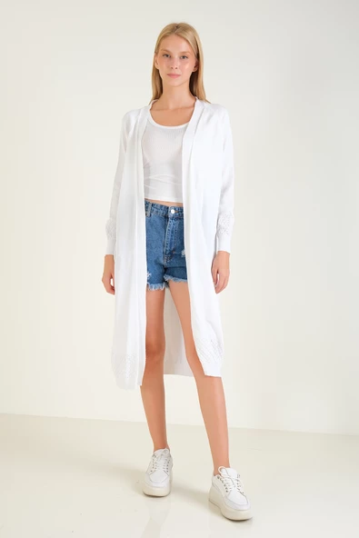 Kadın Kol Ve Etek Ucu Desenli Uzun Hırka Ekru - Resim 2