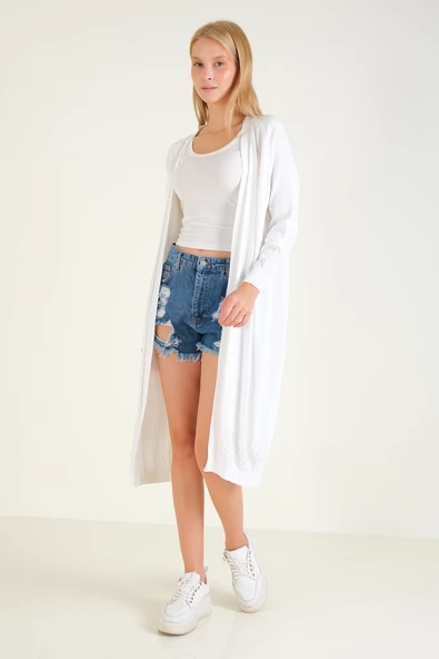 Kadın Kol Ve Etek Ucu Desenli Uzun Hırka Ekru - Resim 3