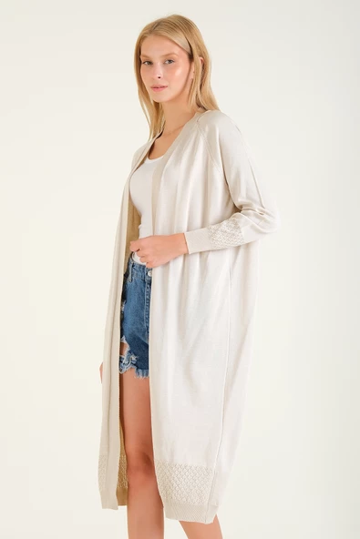 Kadın Kol Ve Etek Ucu Desenli Uzun Hırka Taş - 2