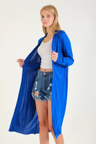 Kadın Oversize Cepli Uzun Hırka Saks Mavi - 3