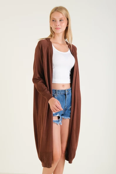 Kadın Kol Ve Etek Ucu Desenli Uzun Hırka Kahverengi - 5