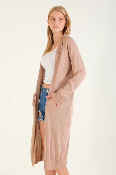 Kadın Oversize Cepli Uzun Hırka Vizon - 2