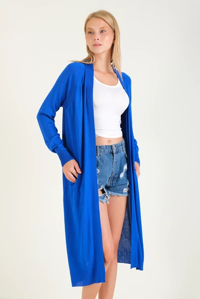 Kadın Oversize Cepli Uzun Hırka Saks Mavi - 5