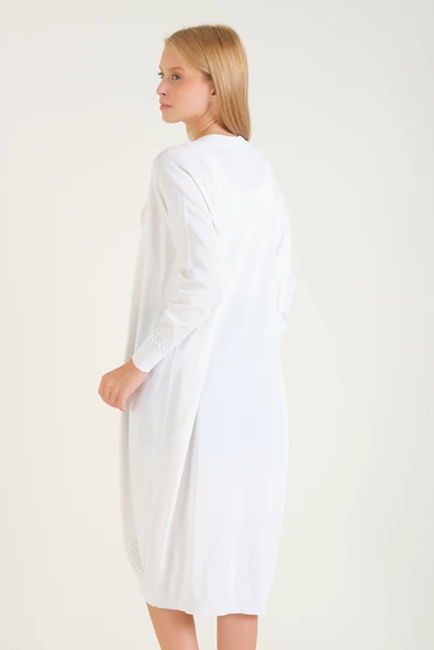 Kadın Kol Ve Etek Ucu Desenli Uzun Hırka Ekru - Resim 6